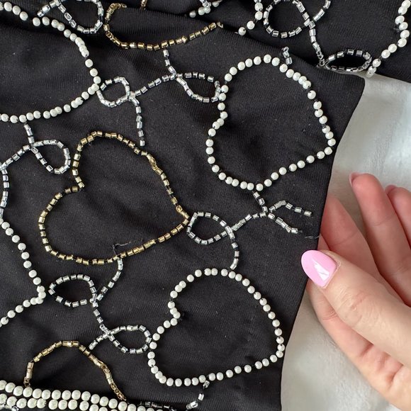 LoveShackFancy Norima Crop Cardigan Sz L Black Beaded Heart V-neck Cuff Sleeves - Picture 8 of 11